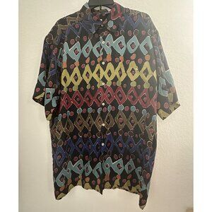 Vintage Burma Bibas Shirt Mens L Silk Geometric Button Up S/S 90s Art to Wear
